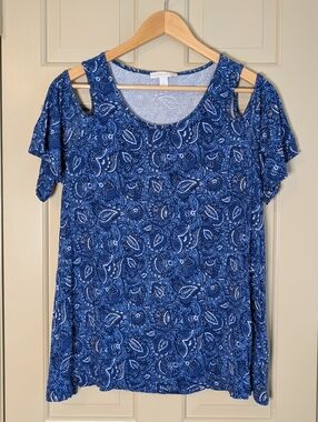 Westport 1962 Top Blue Paisley Cold Shoulder Flutter Sleeve Blouse Size L